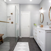 Bany amb dutxa de rajoles: tipus, opcions per col·locar rajoles, disseny, color, foto a l'interior del bany-0