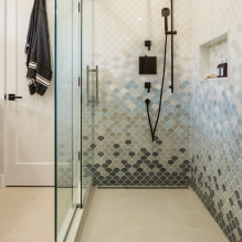 Bany amb dutxa de rajoles: tipus, opcions per col·locar rajoles, disseny, color, foto a l'interior del bany-1