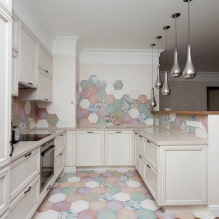 Jubin untuk dapur di lantai: reka bentuk, jenis, warna, pilihan susun atur, bentuk, gaya-0
