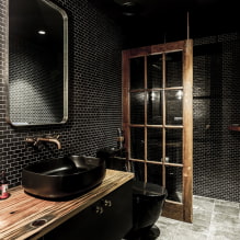 Melnas flīzes vannas istabā: dizains, izkārtojuma piemēri, kombinācijas, fotogrāfijas interjerā-6