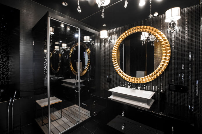 Jubin hitam di bilik mandi: reka bentuk, contoh susun atur, kombinasi, foto di pedalaman