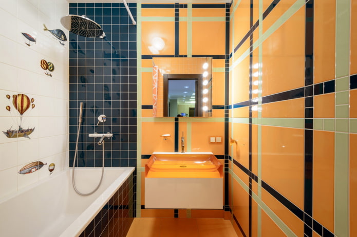 Layout af fliser på badeværelset: regler og metoder, farveegenskaber, ideer til gulv og vægge