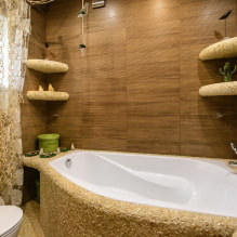 Medienos formos plytelės vonios kambaryje: dizainas, tipai, deriniai, spalvos, apmušalai ir išdėstymo variantai-1