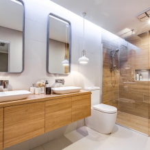 Medienos formos plytelės vonios kambaryje: dizainas, tipai, deriniai, spalvos, apdailos variantai ir išdėstymas-5