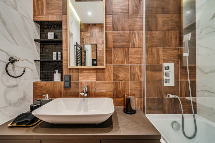 Koka veida flīzes vannas istabā: dizains, veidi, kombinācijas, krāsas, apšuvuma iespējas un izkārtojumi