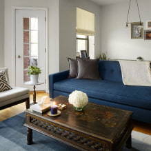 Sininen sohva sisätiloissa: tyypit, mekanismit, muotoilu, verhoilumateriaalit, sävyt, yhdistelmät-3
