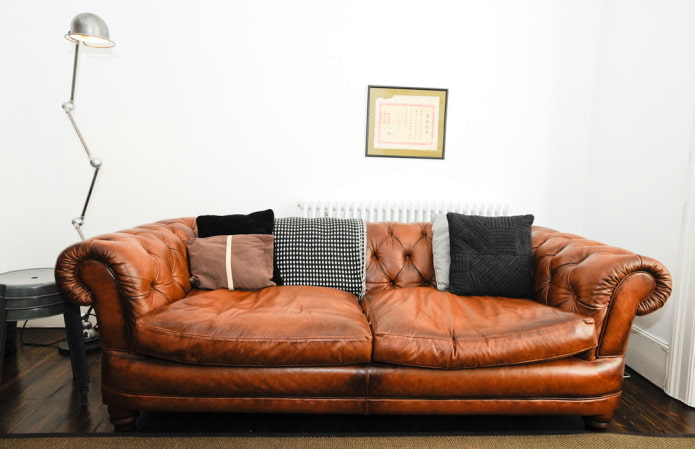Ruda sofa interjere: tipai, dizainas, apmušalų medžiagos, atspalviai, deriniai