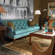 Turquoise bank in het interieur: soorten, bekledingsmaterialen, kleurnuances, vormen, design, combinaties-0