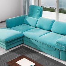Sofa turquoise di bahagian dalam: jenis, bahan pelapis, warna, bentuk, reka bentuk, kombinasi-4