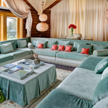 Canapea turcoaz în interior: tipuri, materiale de tapițerie, nuanțe de culoare, forme, design, combinații-7