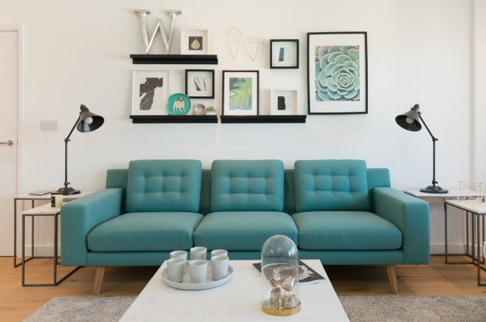 Turkoosi sohva sisätiloissa: tyypit, verhoilumateriaalit, värisävyt, muodot, muotoilu, yhdistelmät