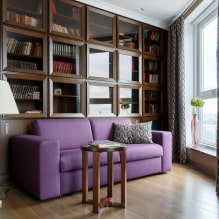 Violetti sohva sisätiloissa: tyypit, verhoilumateriaalit, mekanismit, muotoilu, sävyt ja yhdistelmät-2