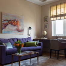 Fioletowa sofa we wnętrzu: rodzaje, materiały obiciowe, mechanizmy, design, odcienie i kombinacje-3