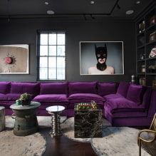 Violetti sohva sisätiloissa: tyypit, verhoilumateriaalit, mekanismit, muotoilu, sävyt ja yhdistelmät-6