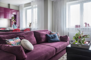 Lilla sofa i interiøret: typer, polstringsmaterialer, mekanismer, design, nuancer og kombinationer