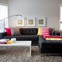 Juoda sofa interjere: apmušalų medžiagos, atspalviai, formos, dizaino idėjos, deriniai-0