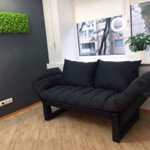 Sofa hitam di bahagian dalam: bahan pelapis, warna, bentuk, idea reka bentuk, kombinasi-6