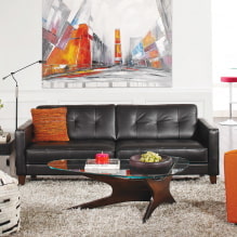 Musta sohva sisätiloissa: verhoilumateriaalit, sävyt, muodot, muotoiluideot, yhdistelmät-8