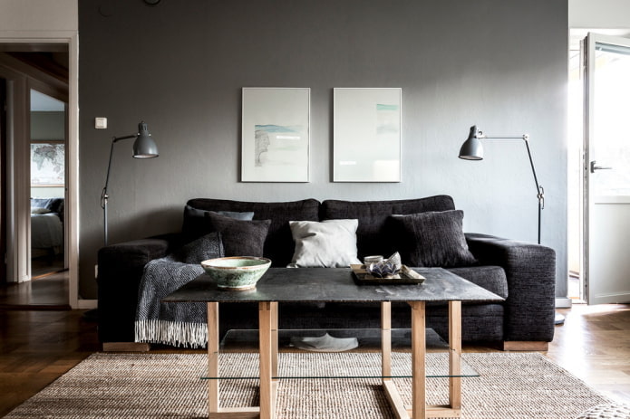 Sort sofa i interiøret: polstringsmaterialer, nuancer, former, designideer, kombinationer