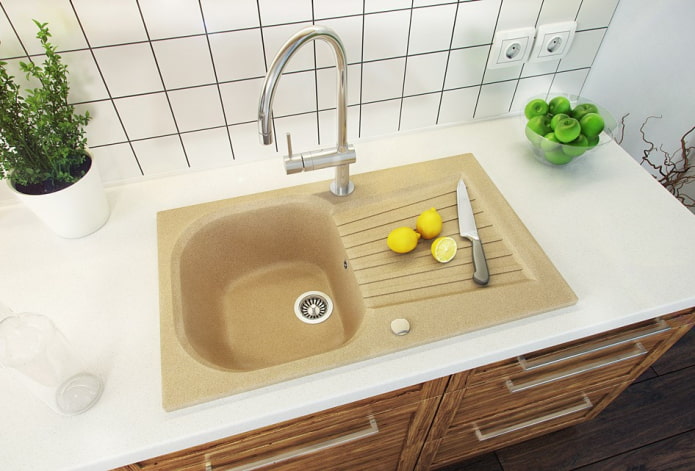 Køkkenvaske lavet af kunstig sten: fotos i interiøret, typer, materialer, former, farver