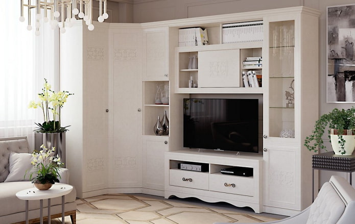 Rohová skříň v obývacím pokoji: typy, tvary, barvy, možnosti výplně, příklady posuvných skříní v hale