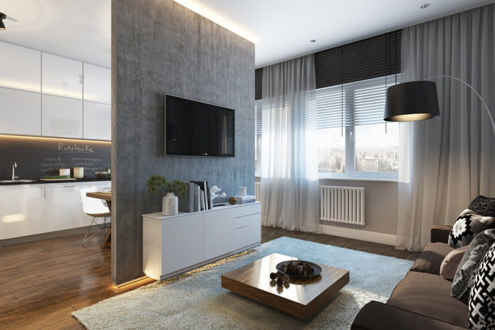 Dizaino studijos tipo apartamentai 30 kv. m. - interjero nuotraukos, baldų išdėstymo idėjos, apšvietimas