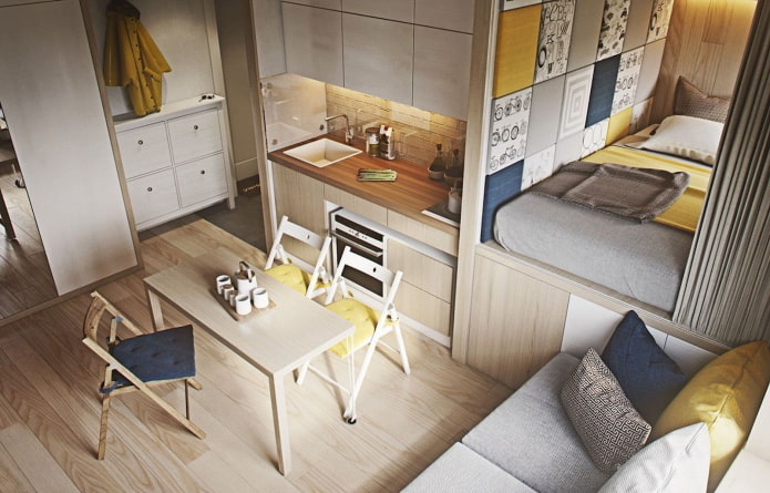 Dizaino studijos tipo apartamentai 20 kv. m. - interjero nuotrauka, spalvos pasirinkimas, apšvietimas, išdėstymo idėjos
