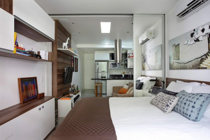 Dizaina studijas tipa dzīvoklis 29 kv. m - interjera fotogrāfijas, izkārtojuma idejas