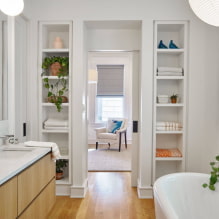 Plaukti vannas istabā: veidi, dizains, materiāli, krāsas, formas, izvietošanas iespējas-1