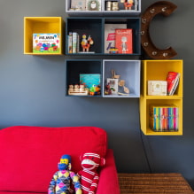 Рафтове в детската стая: видове, материали, дизайн, цветове, опции за пълнене и местоположение-7