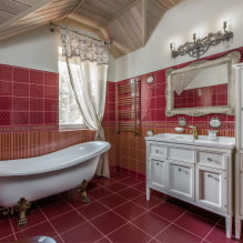 Bilik mandi merah: reka bentuk, kombinasi, warna, paip, contoh kemasan tandas-6