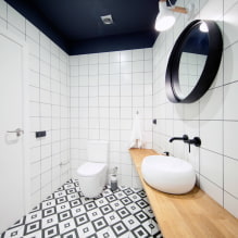 Черно-бяла баня: избор на покрития, водопровод, мебели, дизайн на тоалетна-0