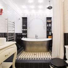 Černá a bílá koupelna: výběr povrchových úprav, vodovodní instalace, nábytek, design toalet - 4