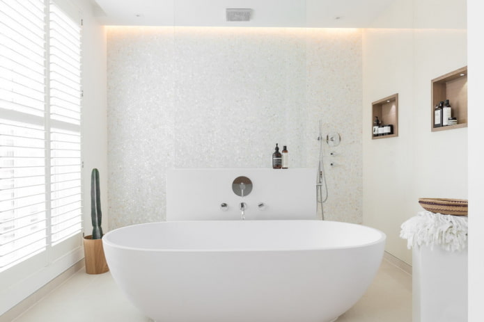 Valkoinen kylpyhuone: suunnittelu, yhdistelmät, sisustus, putkityöt, huonekalut ja sisustus