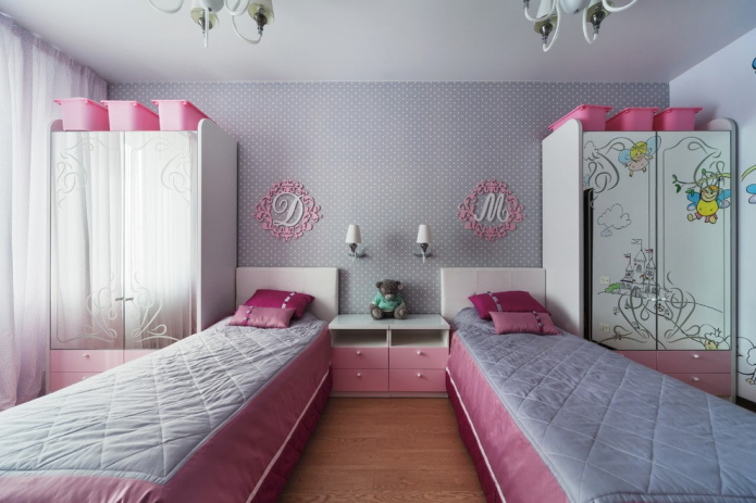 Sebuah bilik untuk dua gadis: reka bentuk, pengezonan, susun atur, hiasan, perabot, pencahayaan
