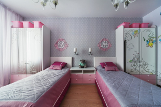Et rum til to piger: design, zoneinddeling, layout, dekoration, møbler, belysning