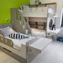 Habitació infantil per a tres nens: zonificació, assessorament sobre l’arranjament, elecció de mobles, il·luminació i decoració-4