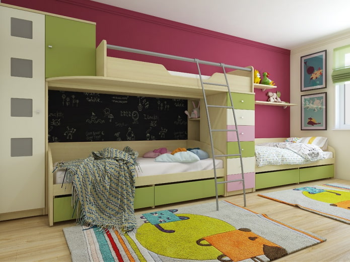 Vaikų kambarys trims vaikams: zonavimas, patarimai dėl išdėstymo, baldų, apšvietimo ir dekoro pasirinkimas