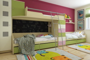 Habitació infantil per a tres nens: zonificació, assessorament en l’arranjament, elecció de mobles, il·luminació i decoració