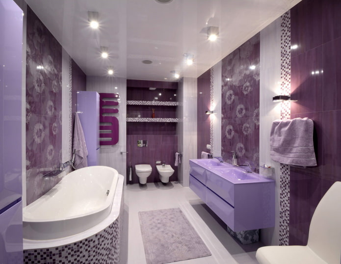 Violetti ja lila kylpyhuone: yhdistelmät, sisustus, huonekalut, putkityöt ja sisustus