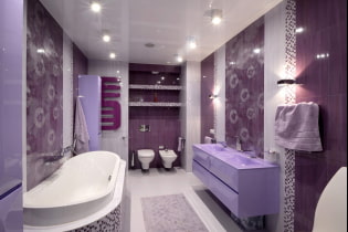 Violetā un ceriņkrāsas vannas istaba: kombinācijas, apdare, mēbeles, santehnika un dekors