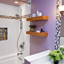 Violetti ja lila kylpyhuone: yhdistelmät, sisustus, huonekalut, putkityöt ja sisustus-0