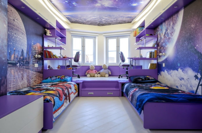 Detská izba vo farbe fialová a fialová: funkcie a dizajnové tipy