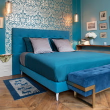 Zila guļamistaba: toņi, kombinācijas, apdares izvēle, mēbeles, tekstilizstrādājumi un apgaismojums-7