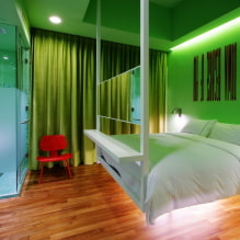 Žalias miegamasis: atspalviai, deriniai, apdailos pasirinkimas, baldai, užuolaidos, apšvietimas-0