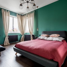 Žalias miegamasis: atspalviai, deriniai, apdailos pasirinkimas, baldai, užuolaidos, apšvietimas-4