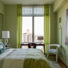 Vihreä makuuhuone: sävyt, yhdistelmät, pintojen valinta, huonekalut, verhot, valaistus-7