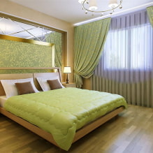 Žalias miegamasis: atspalviai, deriniai, apdailos pasirinkimas, baldai, užuolaidos, apšvietimas-8