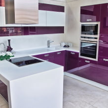 Violetti keittiö: väriyhdistelmät, verhojen, viimeistelyjen, tapettien, huonekalujen, valaistuksen ja sisustuksen valinta-0