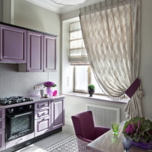 Violetti keittiö: väriyhdistelmät, verhojen, viimeistelyjen, tapettien, huonekalujen, valaistuksen ja sisustuksen valinta-3